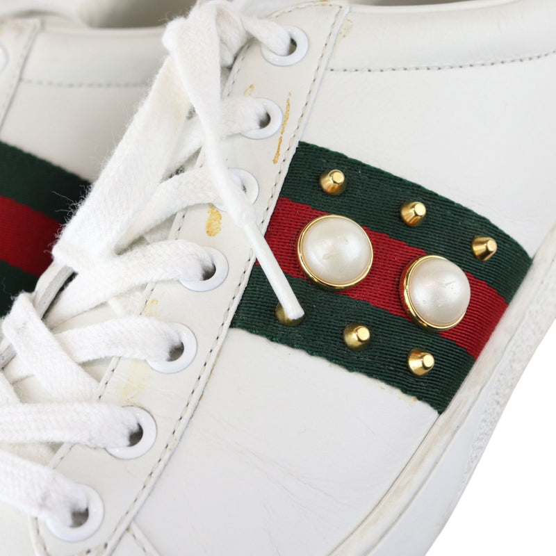 Web Pearl Studded Women Ace Sneakers Calfskin White Size 37