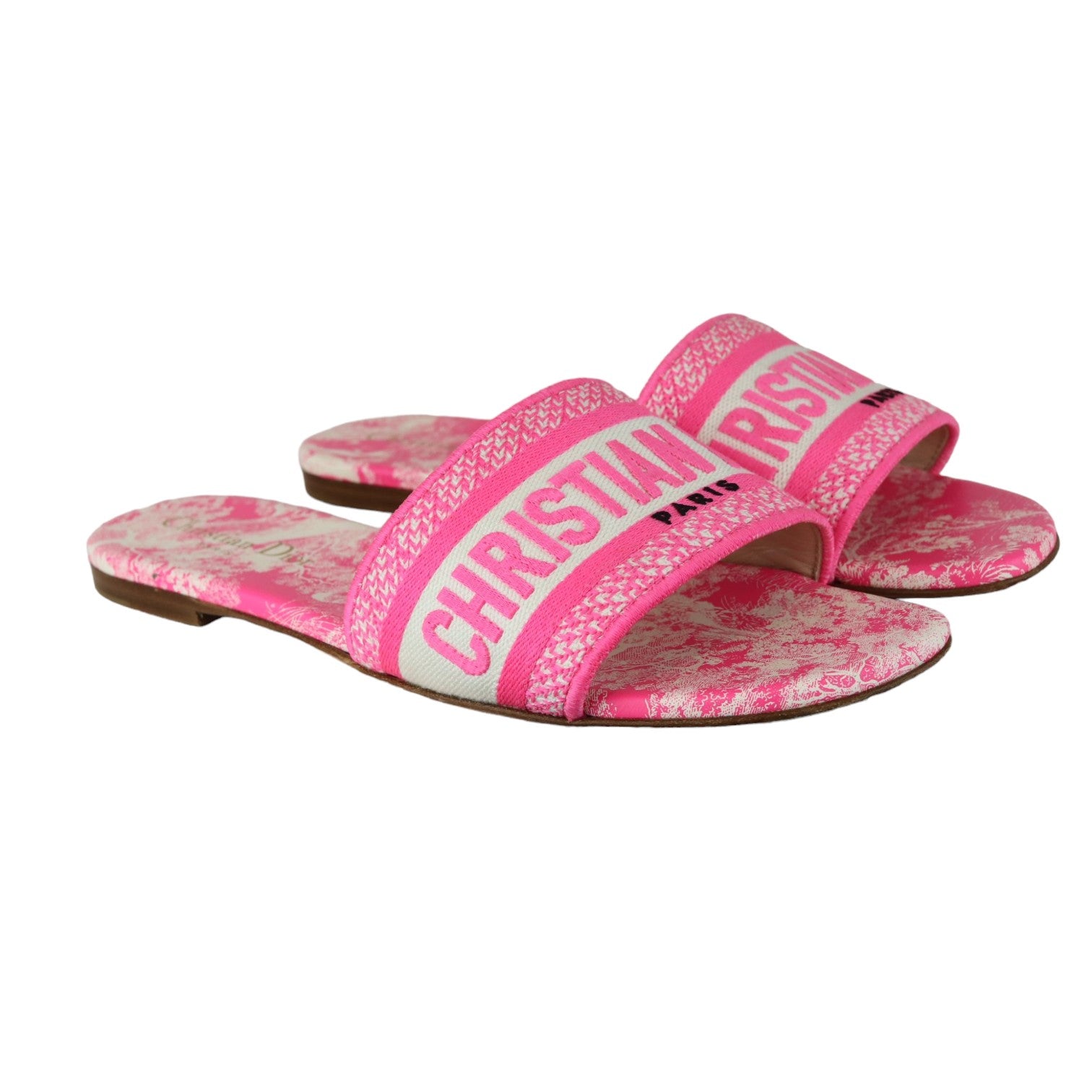 Christian Dior Dway Flat Slide Canvas Toile de Jouy Off White Pink