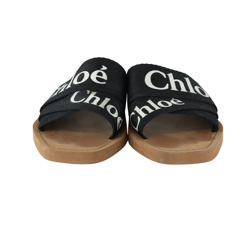 Logo Ribbon Woody Flat Sandals Canvas Black Size 38