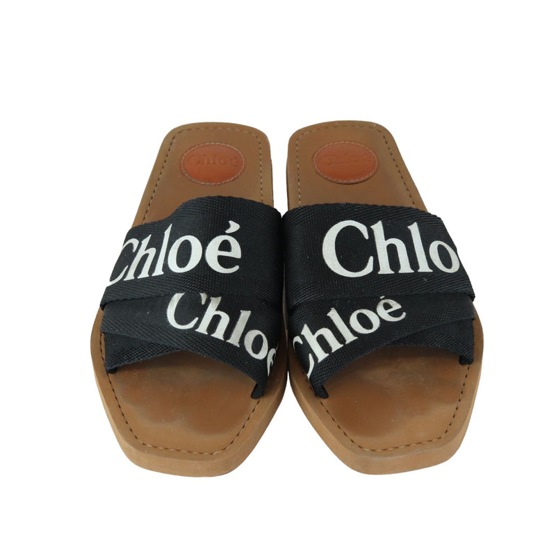 Logo Ribbon Woody Flat Sandals Canvas Black Size 38