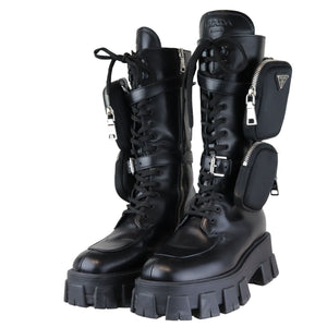 Pouch Pocket Tall Combat Boots Calfskin Black Size 38