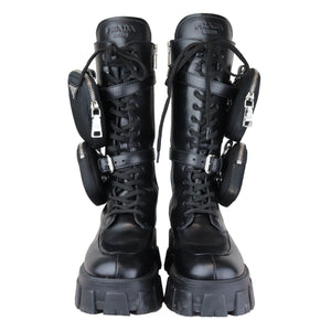 Pouch Pocket Tall Combat Boots Calfskin Black Size 38