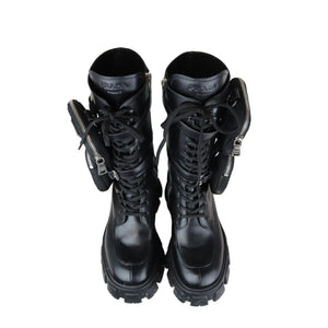 Pouch Pocket Tall Combat Boots Calfskin Black Size 38