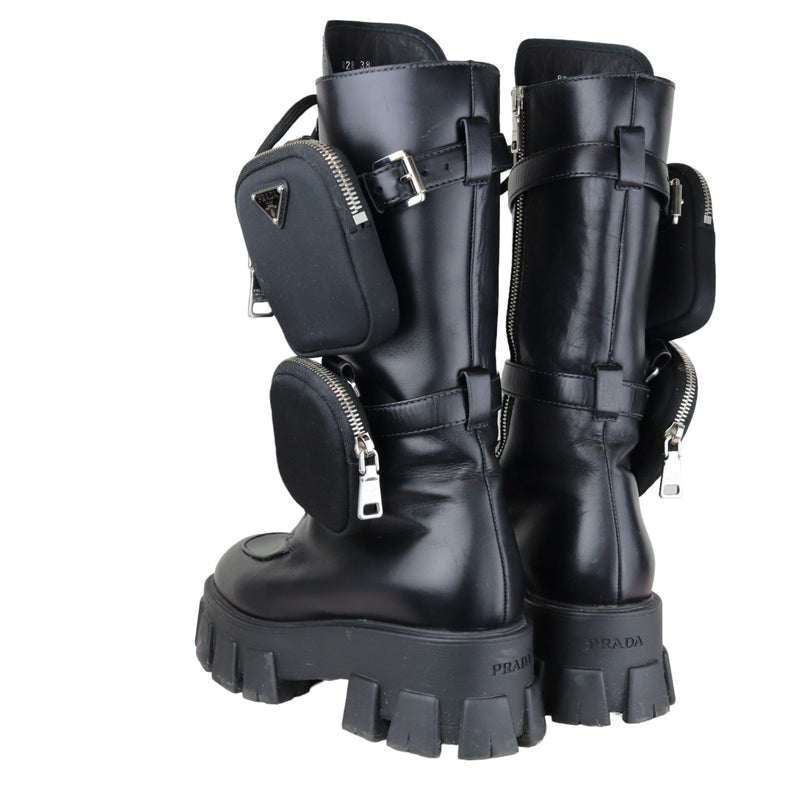 Pouch Pocket Tall Combat Boots Calfskin Black Size 38