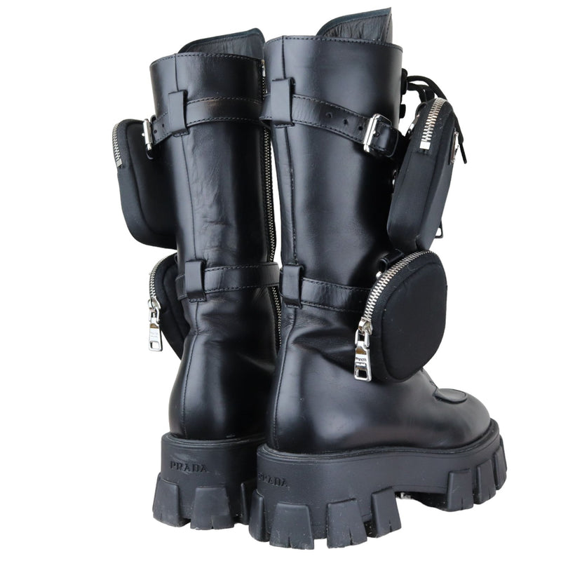 Pouch Pocket Tall Combat Boots Calfskin Black Size 38