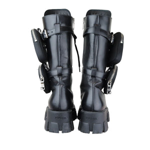 Pouch Pocket Tall Combat Boots Calfskin Black Size 38