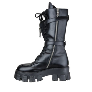 Pouch Pocket Tall Combat Boots Calfskin Black Size 38