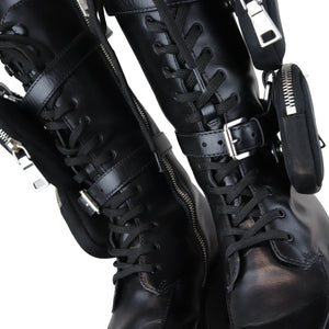 Pouch Pocket Tall Combat Boots Calfskin Black Size 38
