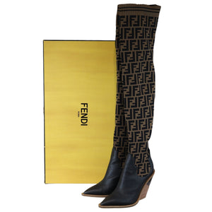 Cutwalk Thigh High Sock Boots Stretch Fabric FF Tobacco Black Size 38