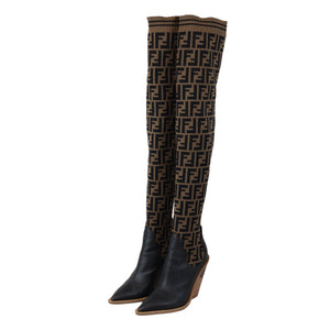 Cutwalk Thigh High Sock Boots Stretch Fabric FF Tobacco Black Size 38