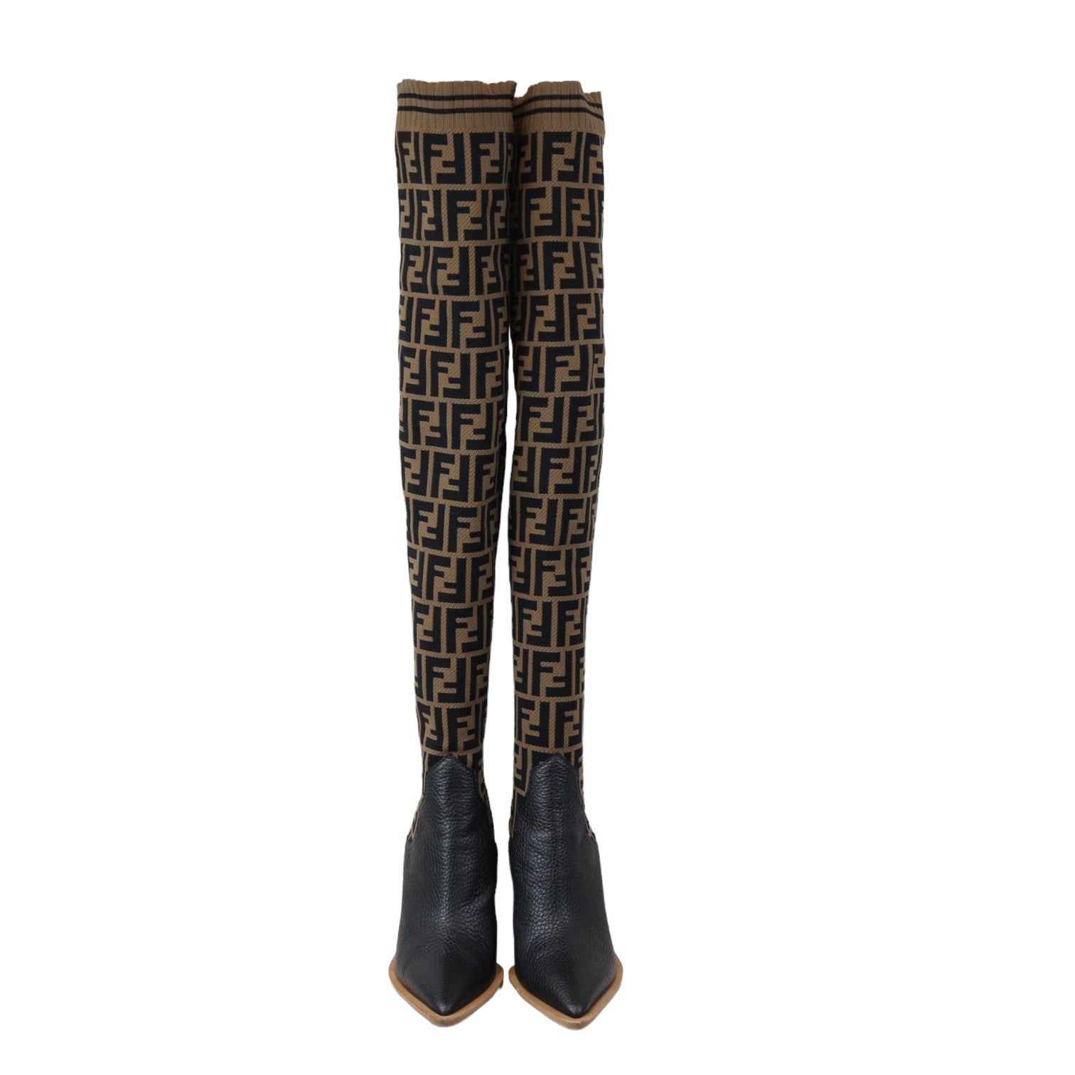 Fendi Cutwalk Thigh High Sock Boots Stretch Fabric FF Tobacco - Main Image