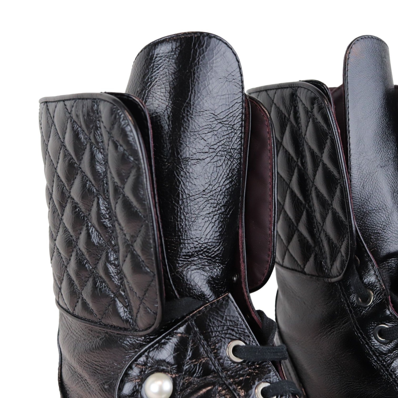 Chanel Pearl Combat Boots Crackled Calfskin Velvet Black Size 38
