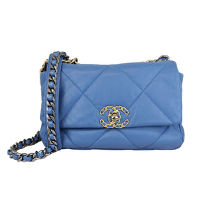 19 Flap Lambskin Quilted Medium Blue MHW