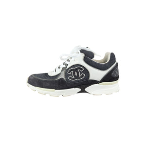 CC Logo Lace Up Sneakers Suede Leather Black White Size 38