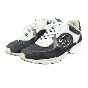 CC Logo Lace Up Sneakers Suede Leather Black White Size 38