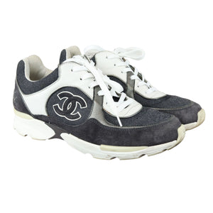 CC Logo Lace Up Sneakers Suede Leather Black White Size 38