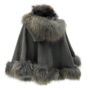 Cape Coat Wrap Fox Fur Trim Cashmere Grey