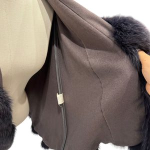 Open Front Coat Fox Fur Trim Cashmere Brown