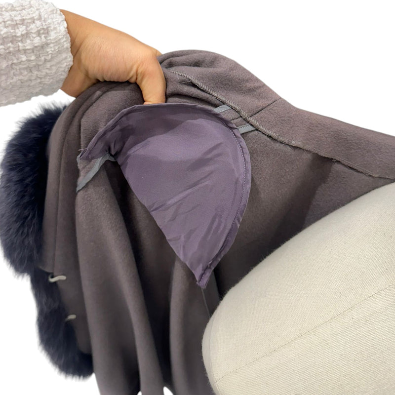 Open Front Coat Fox Fur Trim Cashmere Brown