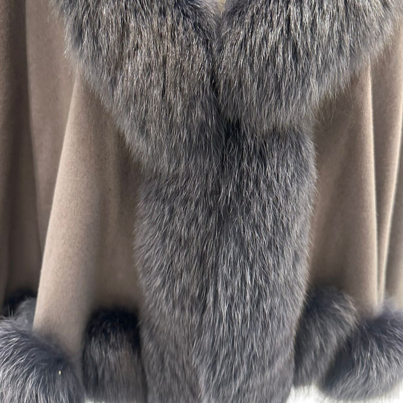 Open Front Coat Fox Fur Trim Cashmere Brown