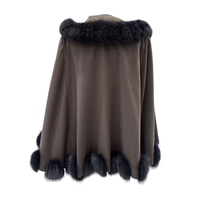 Open Front Coat Fox Fur Trim Cashmere Brown