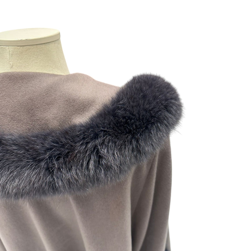 Open Front Coat Fox Fur Trim Cashmere Brown