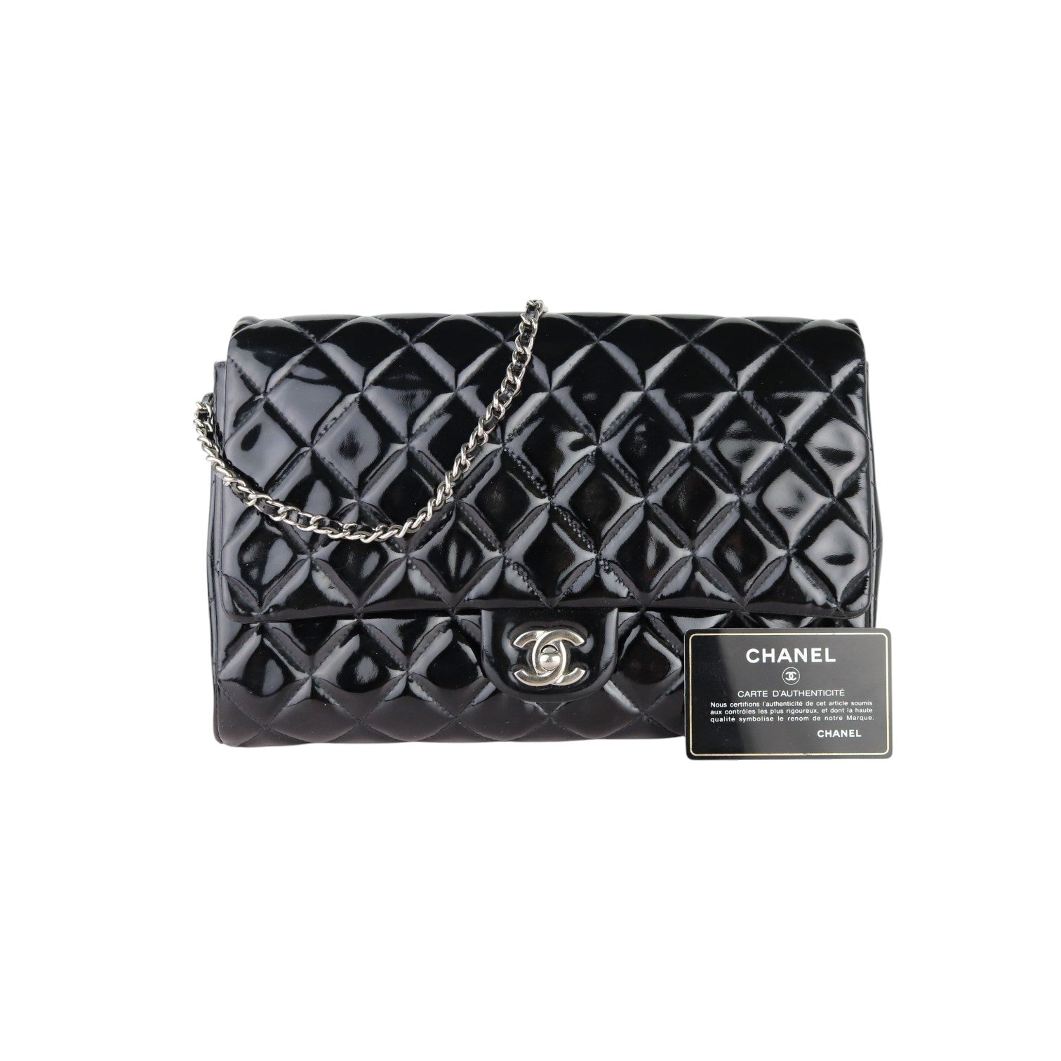 大人レザー！【CHANEL】Clutch with chain パテント Clutch with chain - Patent calfskin & gold-tone metal, black