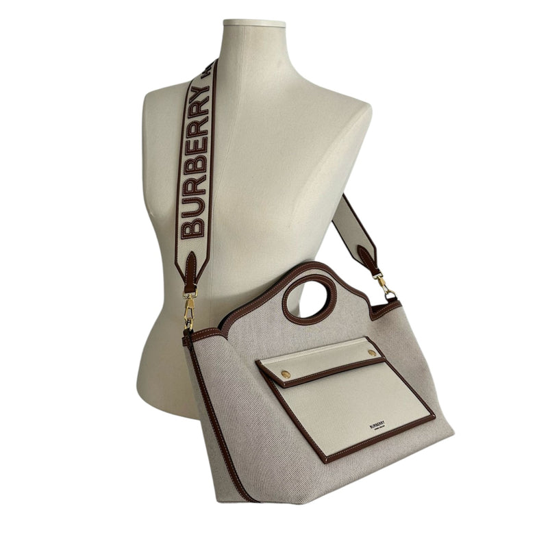 Soft Pocket Tote Medium Canvas Leather Brown Beige GHW