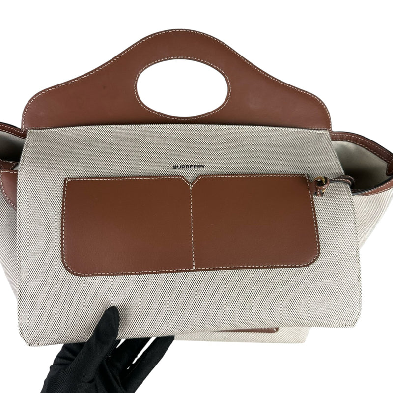 Soft Pocket Tote Medium Canvas Leather Brown Beige GHW