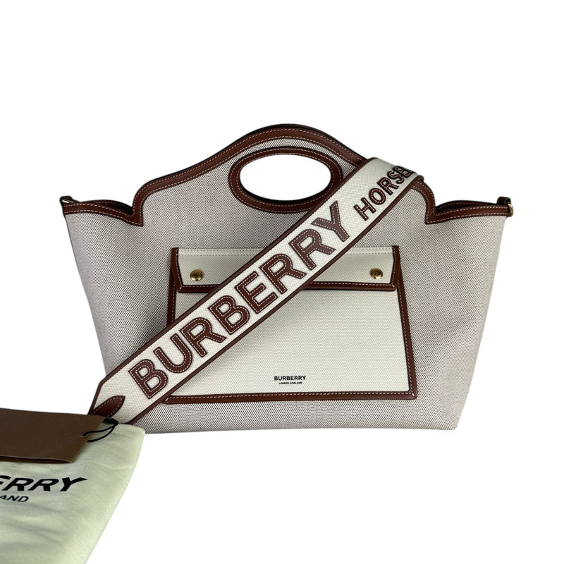 Soft Pocket Tote Medium Canvas Leather Brown Beige GHW
