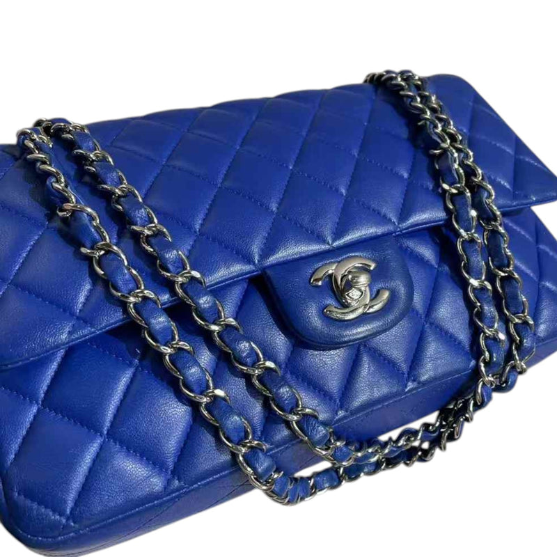 Double Flap Medium Lambskin Quilted Blue SHW