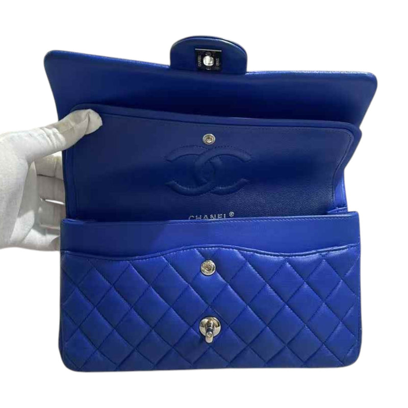 Double Flap Medium Lambskin Quilted Blue SHW