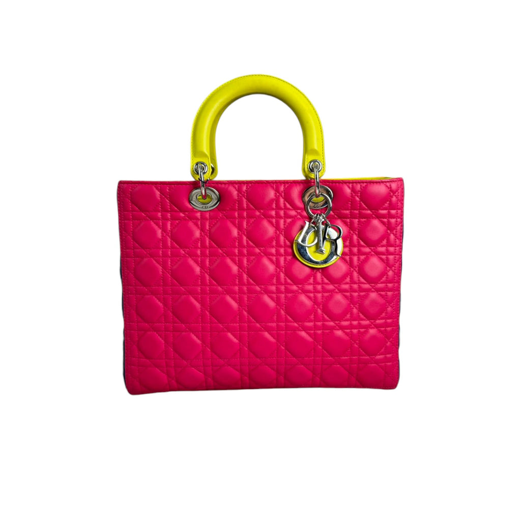 Lady Dior Tri-Color Large Lambskin Yellow Navy Pink SHW