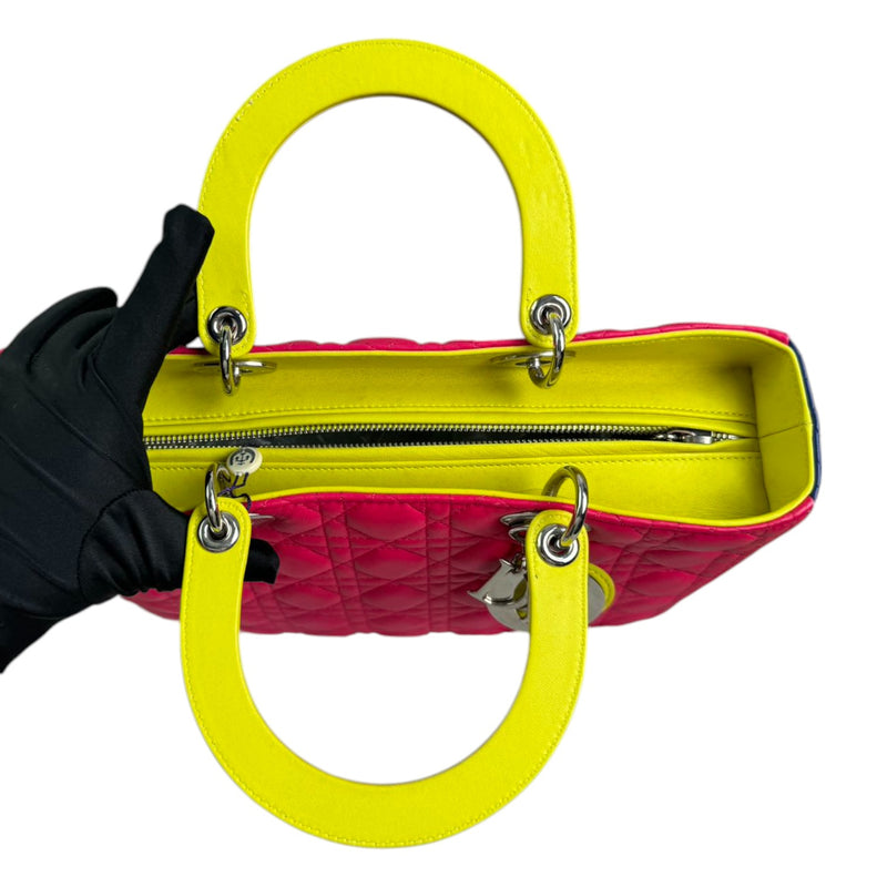 Lady Dior Tri-Color Large Lambskin Yellow Navy Pink SHW