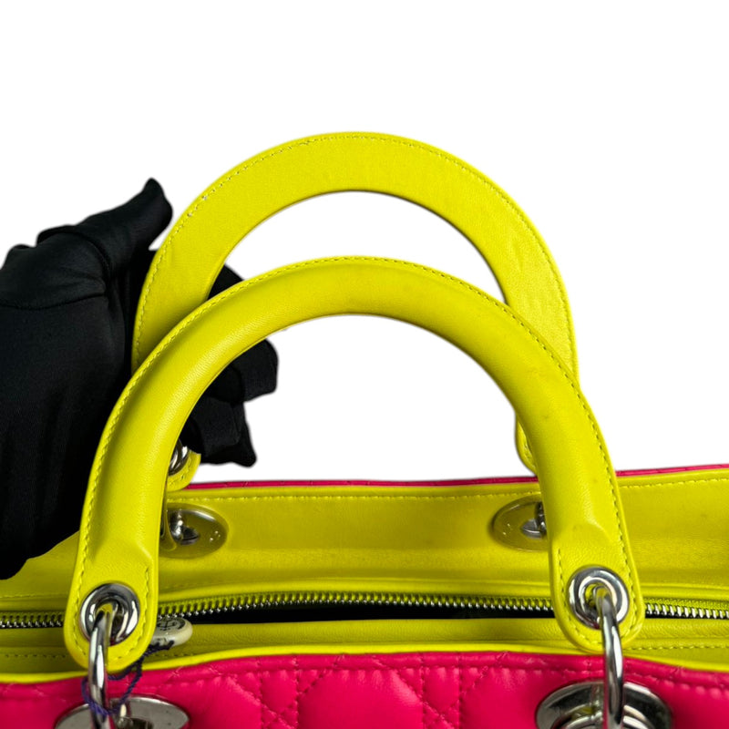 Lady Dior Tri-Color Large Lambskin Yellow Navy Pink SHW