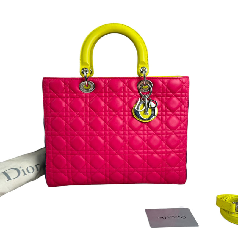 Lady Dior Tri-Color Large Lambskin Yellow Navy Pink SHW