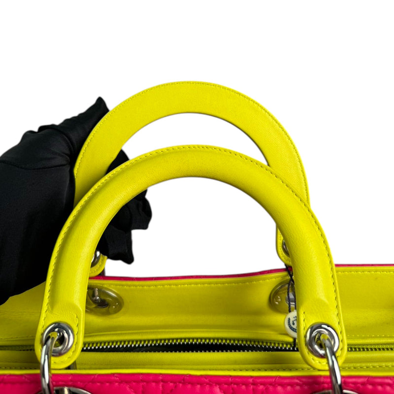 Lady Dior Tri-Color Large Lambskin Yellow Navy Pink SHW