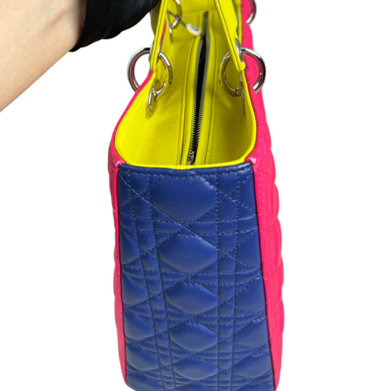 Lady Dior Tri-Color Large Lambskin Yellow Navy Pink SHW