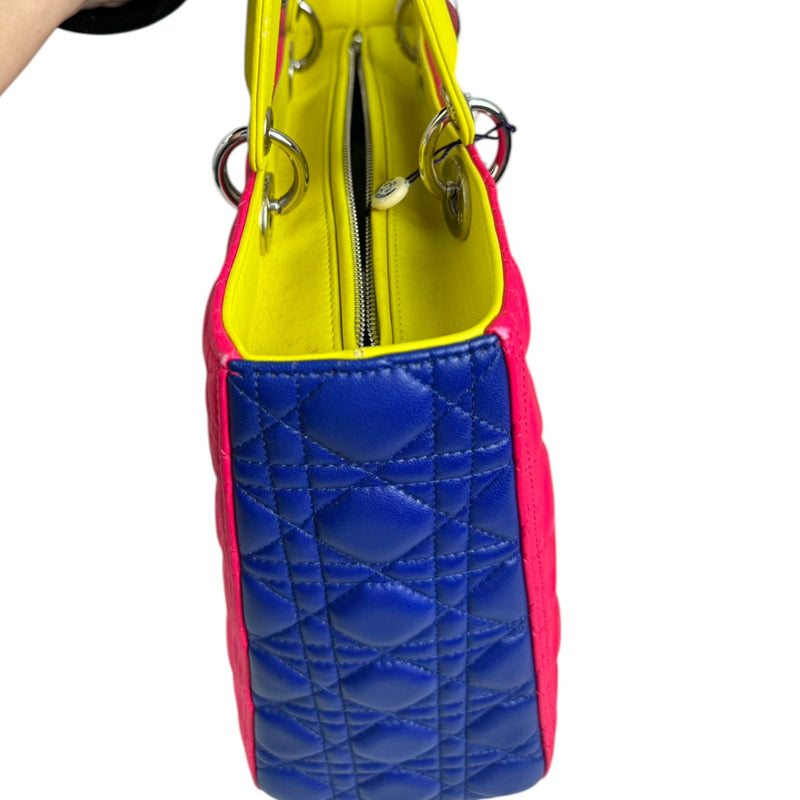 Lady Dior Tri-Color Large Lambskin Yellow Navy Pink SHW