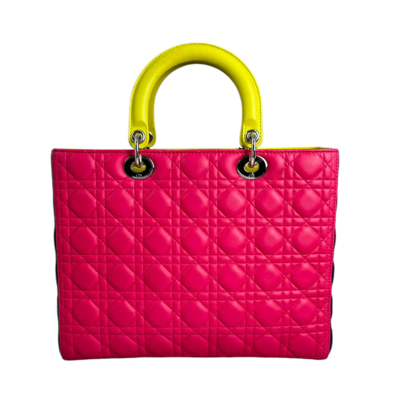 Lady Dior Tri-Color Large Lambskin Yellow Navy Pink SHW