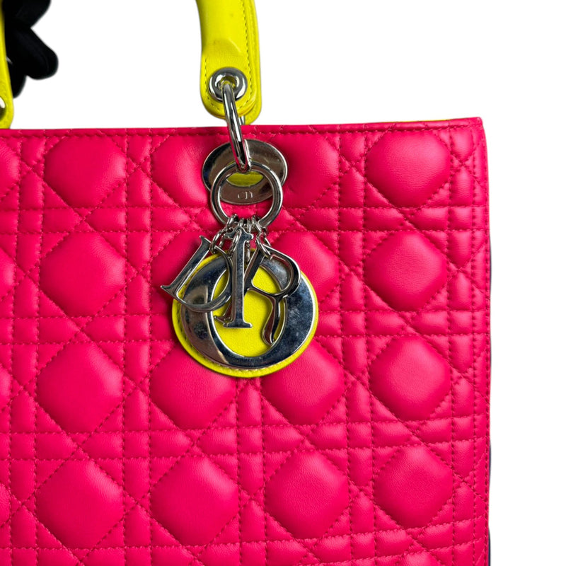 Lady Dior Tri-Color Large Lambskin Yellow Navy Pink SHW