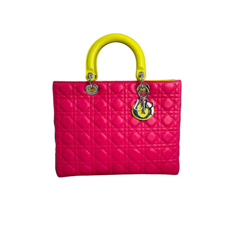Lady Dior Tri-Color Large Lambskin Yellow Navy Pink SHW
