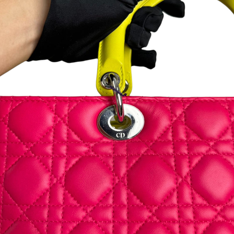 Lady Dior Tri-Color Large Lambskin Yellow Navy Pink SHW