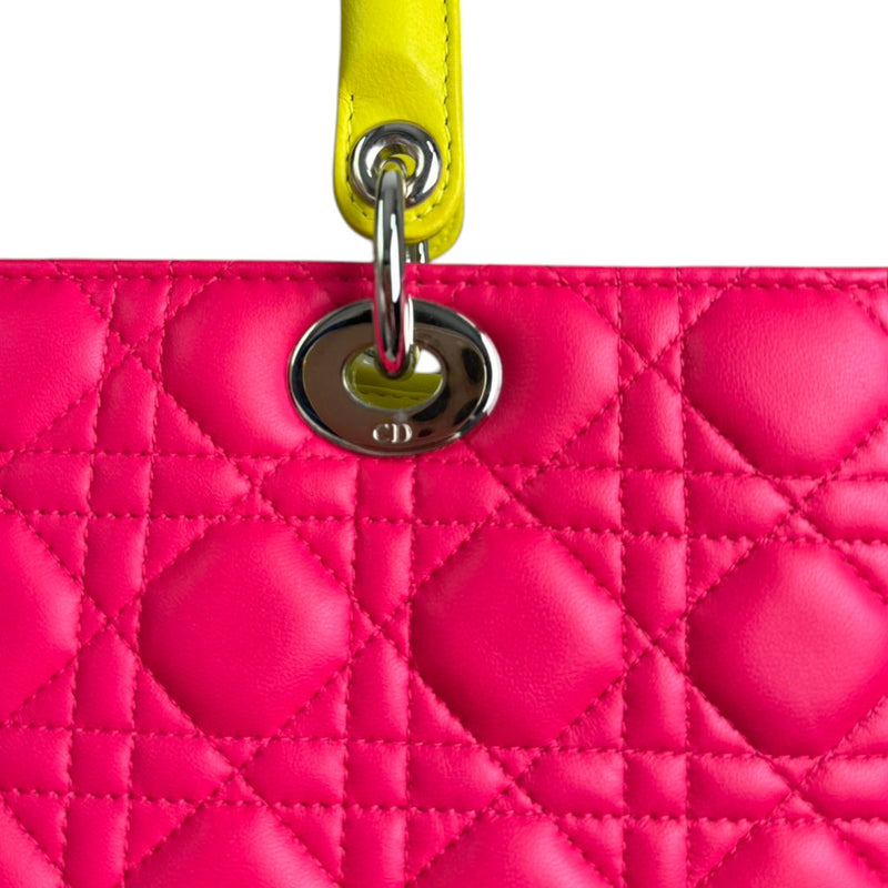 Lady Dior Tri-Color Large Lambskin Yellow Navy Pink SHW