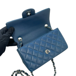 Rectangular Flap Mini Lambskin Quilted Blue SHW