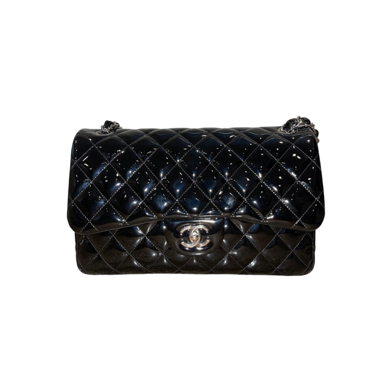 Chanel Classic Double Flap Quilted Patent Leather Silver-tone Jumbo Dark  Grey in Patent Leather with Silver-tone - US