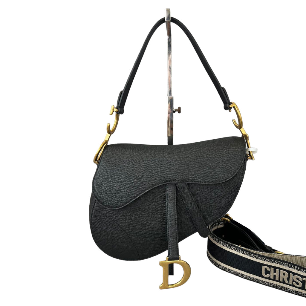 Medium Saddle Grained Leather in Black With Strap GHW