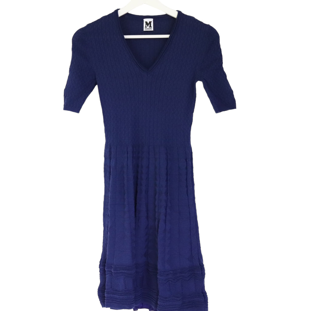 Blue Ornate Pleated Knit Dress XS