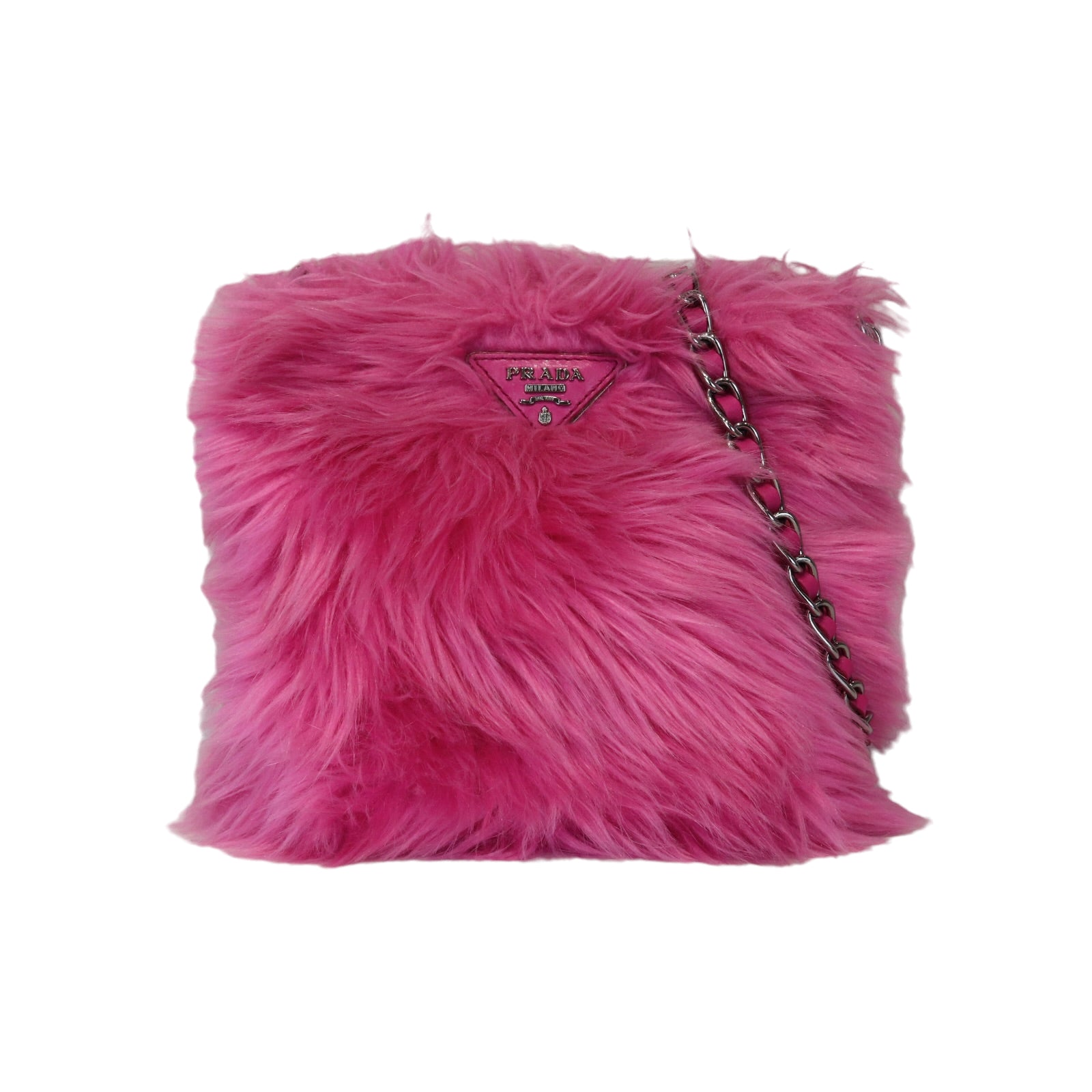 PRADA ピンクファークラッチバッグ Prada Pink Fur Chain Logo Bag