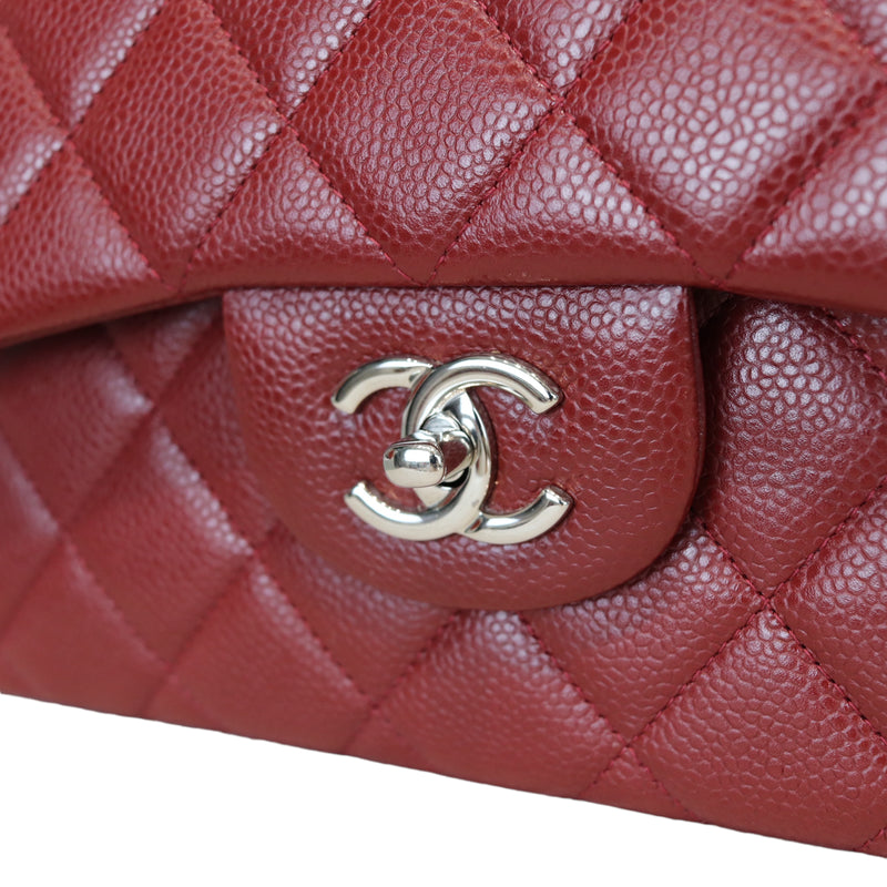 Chanel Classic Double Flap Quilted Caviar Silver-tone Jumbo Dark Red - US